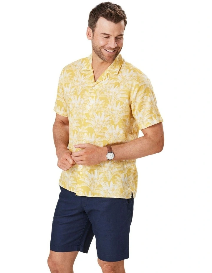Linen Blend Palm Tree Print Short Sleeve Shirt in Golden Yellow