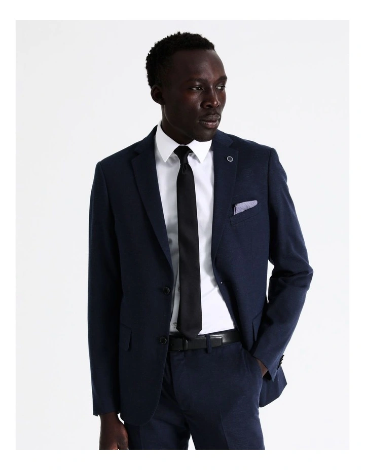 Slim Plain Linen Blend Suit Jacket in Navy