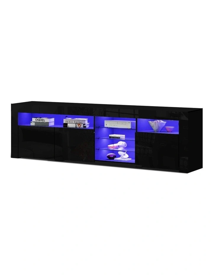 TV Cabinet Entertainment Unit Stand RGB LED Gloss 3 Doors 180cm Black