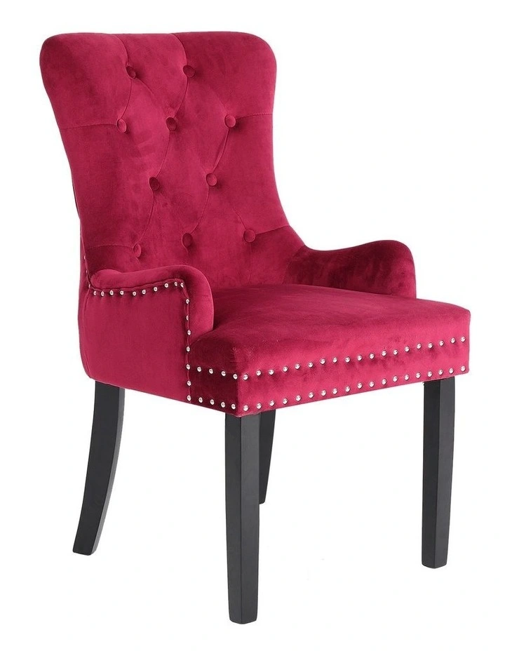 French Provincial Ring Studded Lisse Velvet Dining Chair in Red