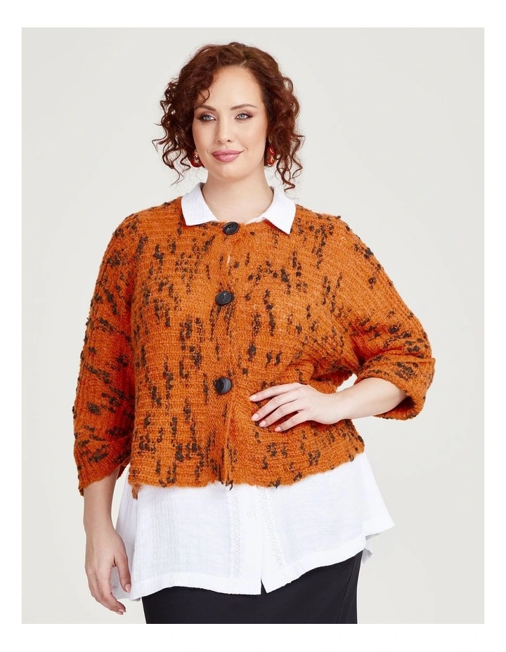 Wool Blend Slub Cardigan in Burnt Orange/Black