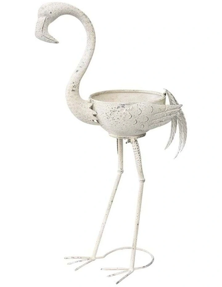 Big Bird Pot Metal Flamingo Planter in Distressed White