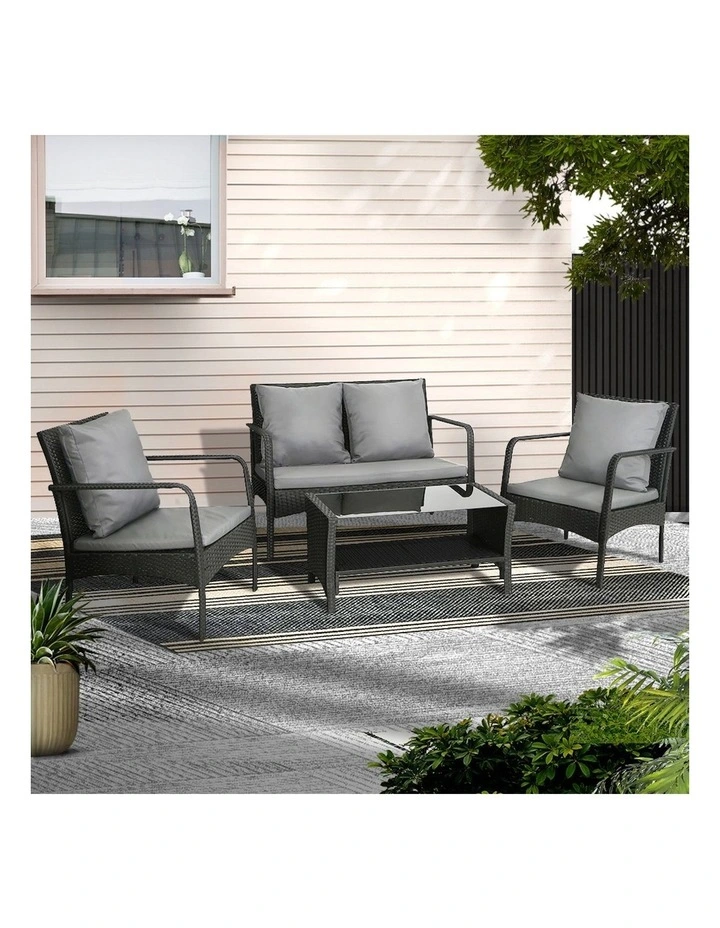 4 Piece Rattan Outdoor Garden Chairs & Lounge Table Set in Black