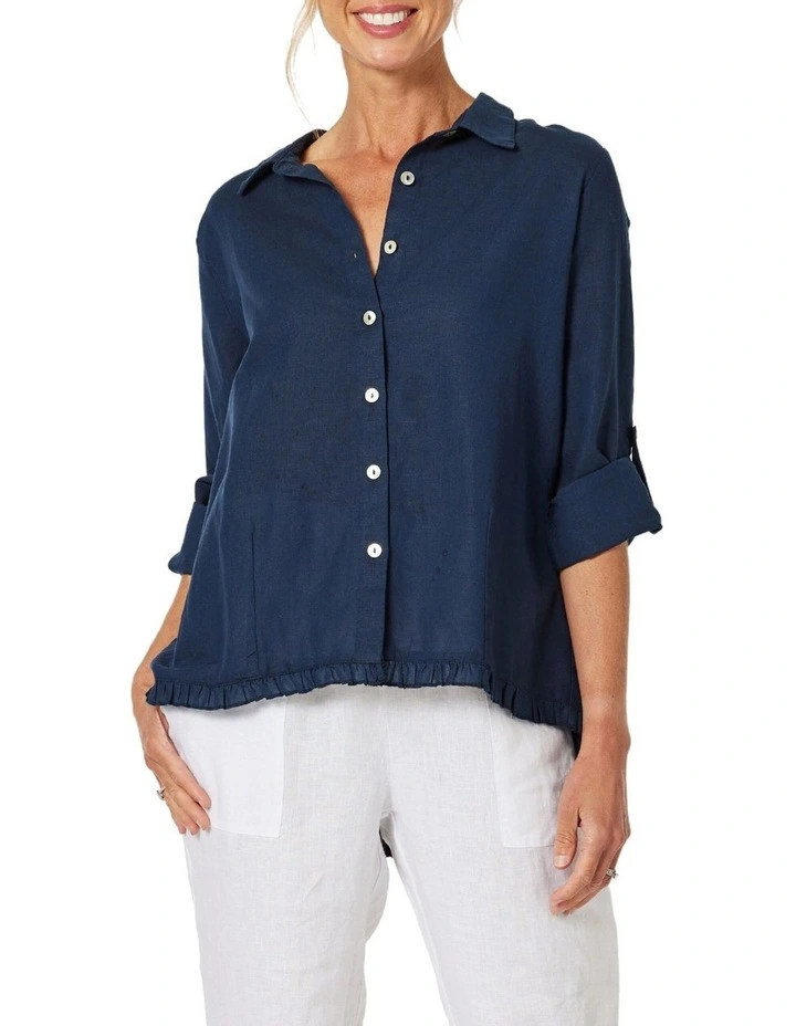 Frill Hem Linen Shirt in Navy