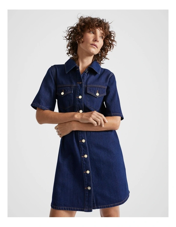 Denim Pocket Mini Dress in Neptune Wash