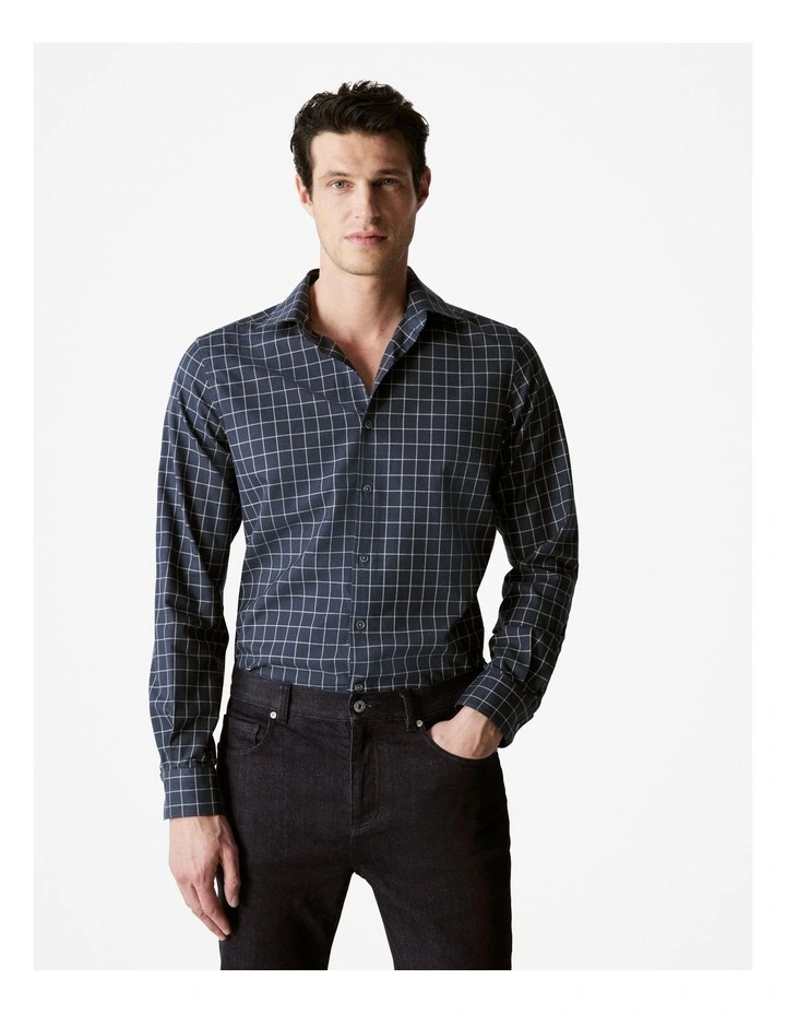 Cotton Twill Window Pane Check Shirt in Navy