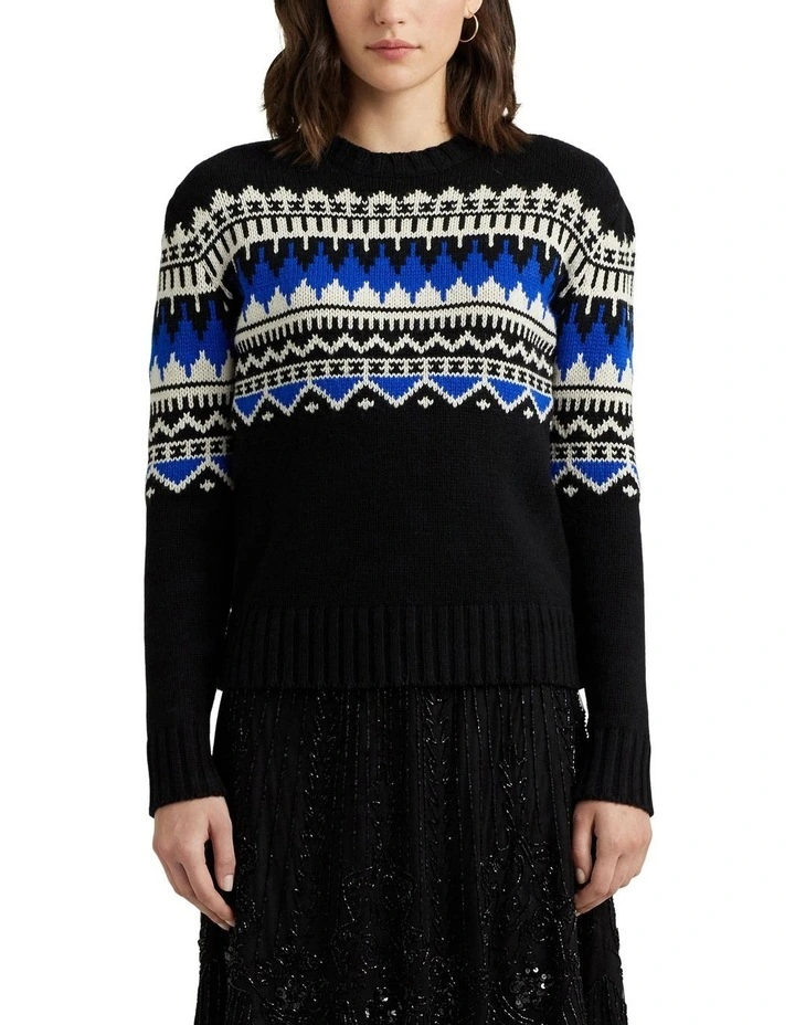 Fair Isle Wool-Blend Crewneck Sweater in Black