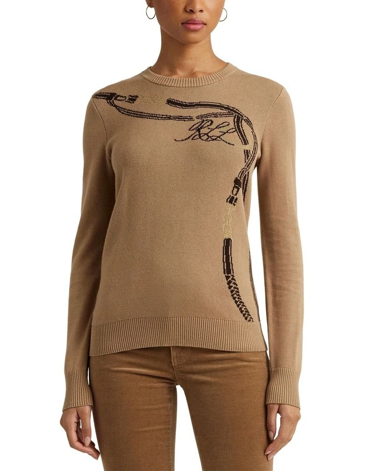 Belting-Motif Cotton-Blend Sweater in Beige