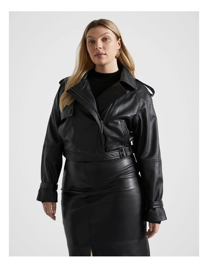 Leather Cropped Biker Jacket in Black