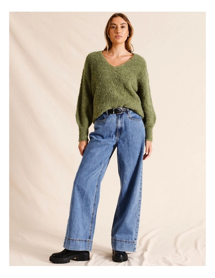 V-Neck Boucle Jumper in Khaki