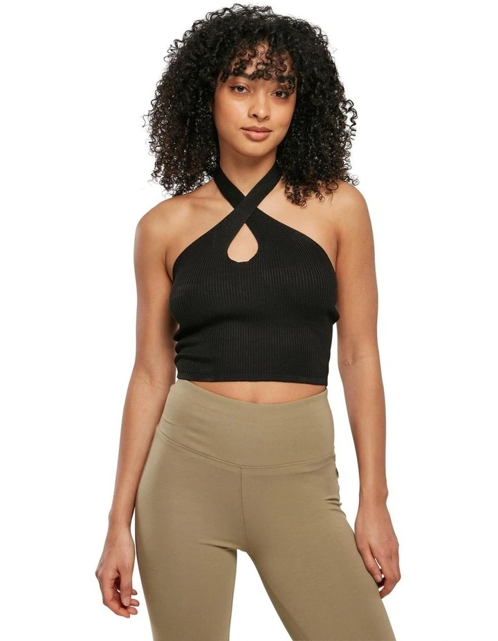 Rib Knit Crossed Neck Halter Top in Black