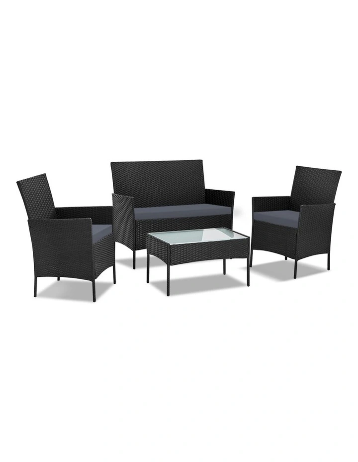 Outdoor Sofa Set Wicker Setting Table Chair Furniture 4 Seater in Black