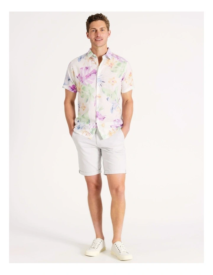 Owen Floral Print Short Sleeve Linen Blend Shirt in White