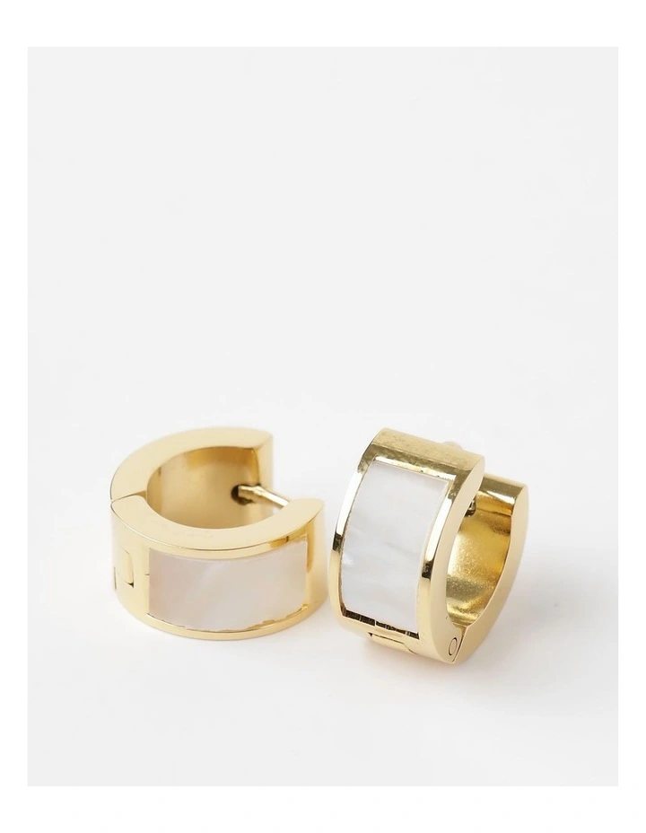 Pearl Inlay Wide Huggie Earring in Gold