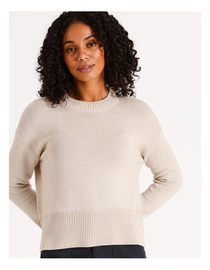 Organic Relaxed Step Hem Crew Neck Jumper in Taupe