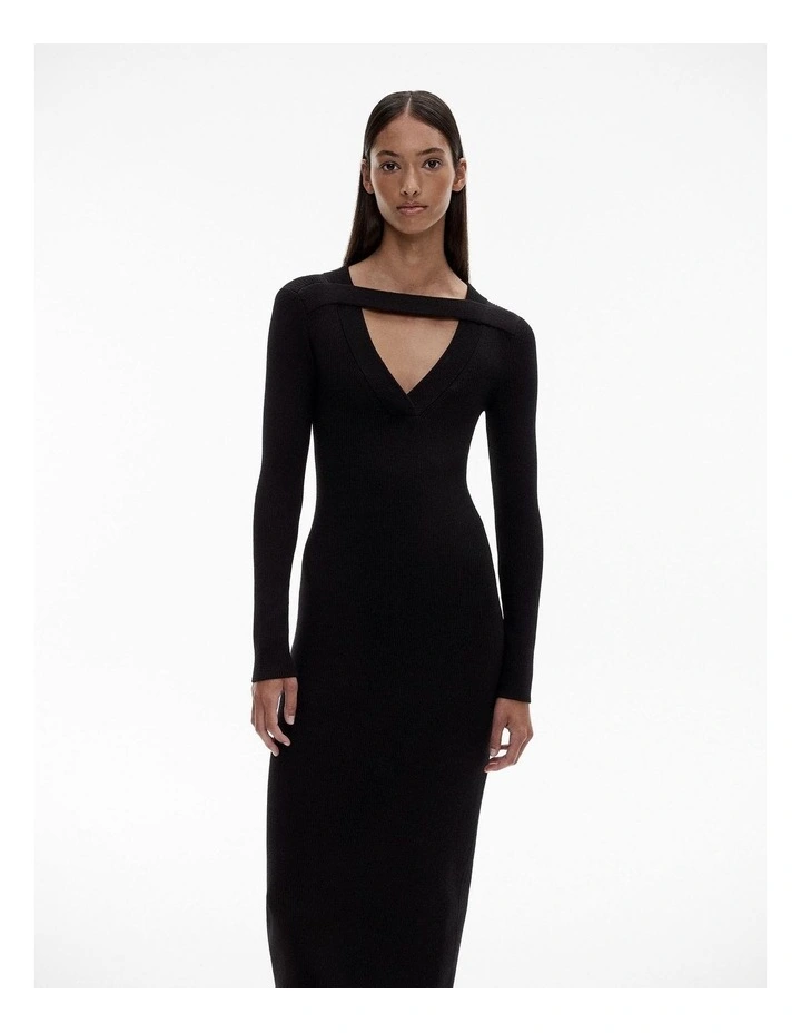Knit V Neck Cut Out Dress in Black