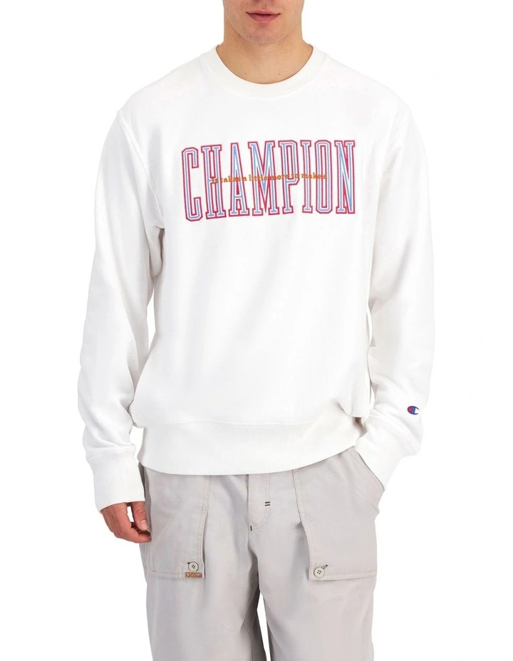 Reverse Weave Terry 90s Logo Crew Pullover in White