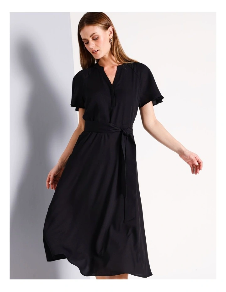 Flutter Sleeve Midi Dress in Black