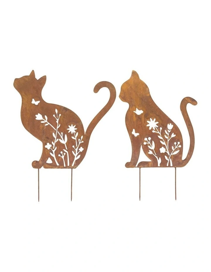 Cat Outdoor Garden Stakes 2 Sets in Rust