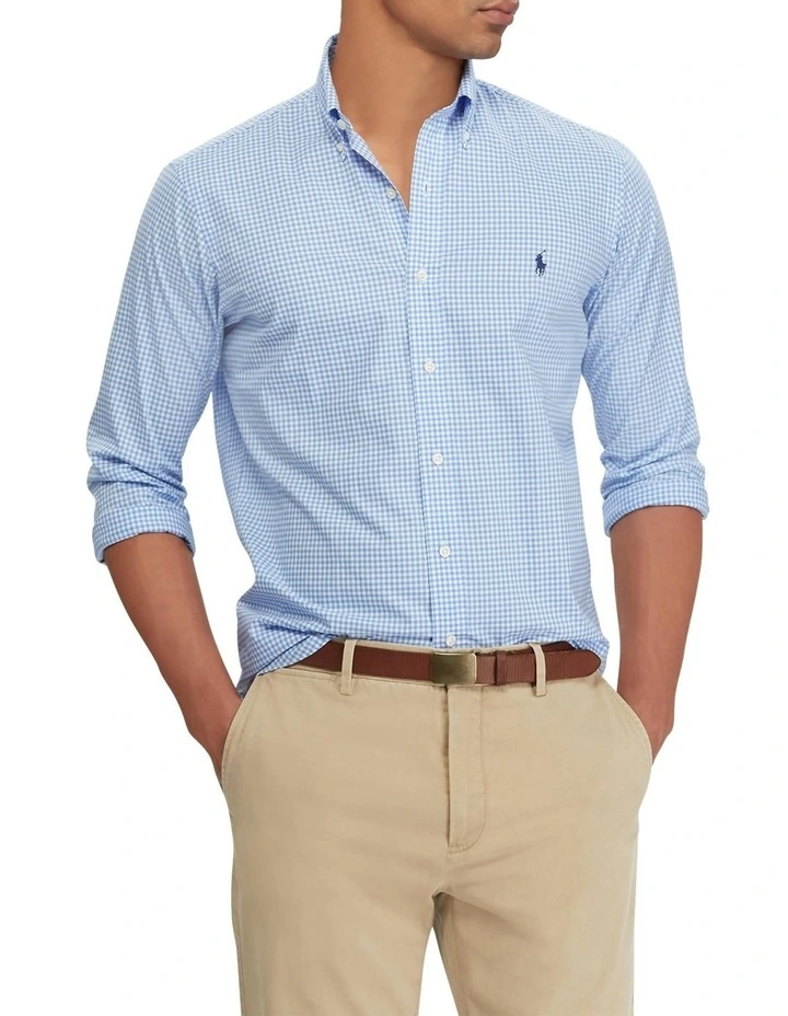 Classic Fit Checked Stretch Poplin Shirt in Blue