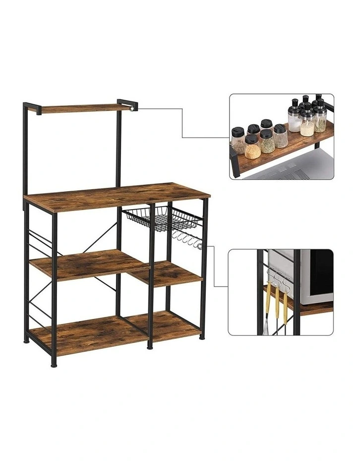 Bakers Rack with Shelves, Wire Basket and 6 S-Hooks in Brown