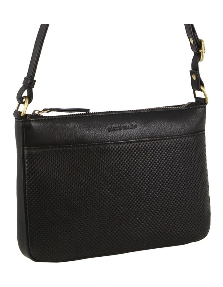 Perforated Leather Multi Compartment Cross-body Bag in Black