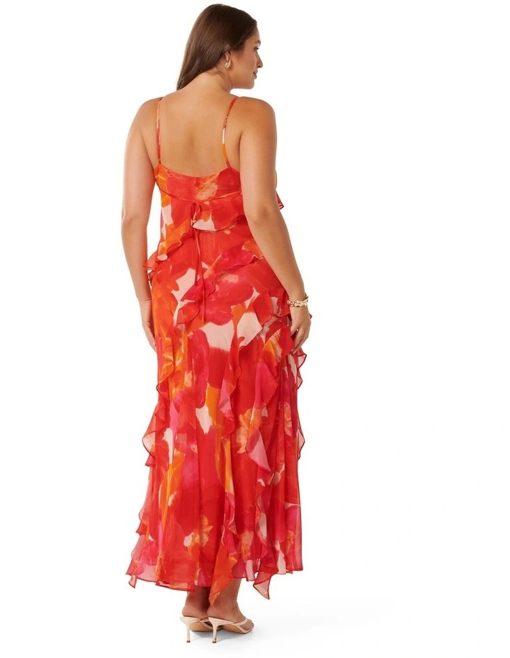 Poppy Asymm Ruffle Gown in Red