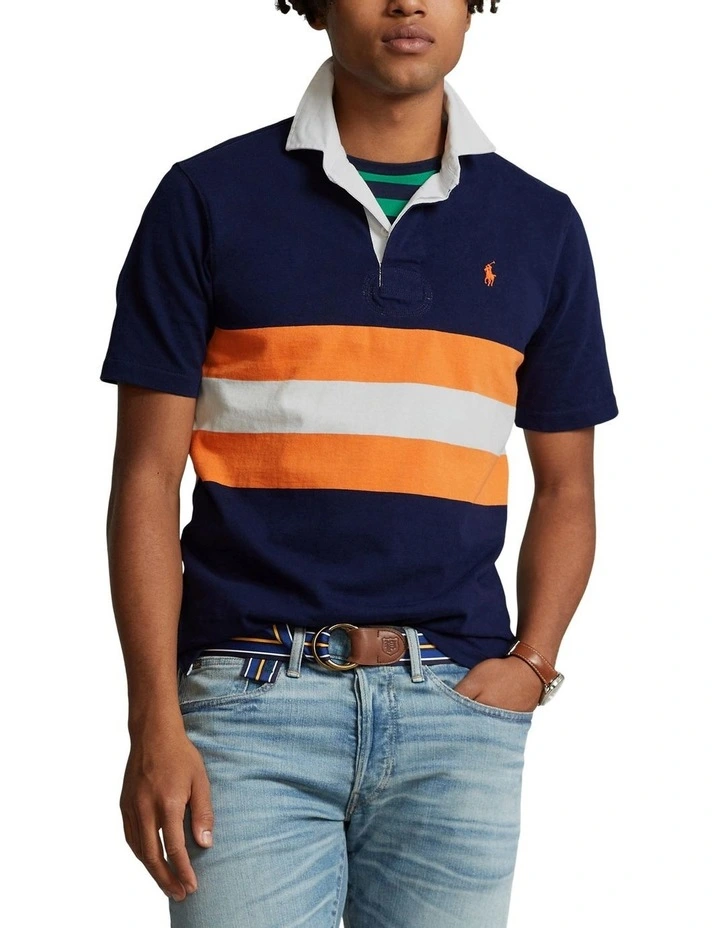 Classic Fit Striped Jersey Rugby Shirt in Navy