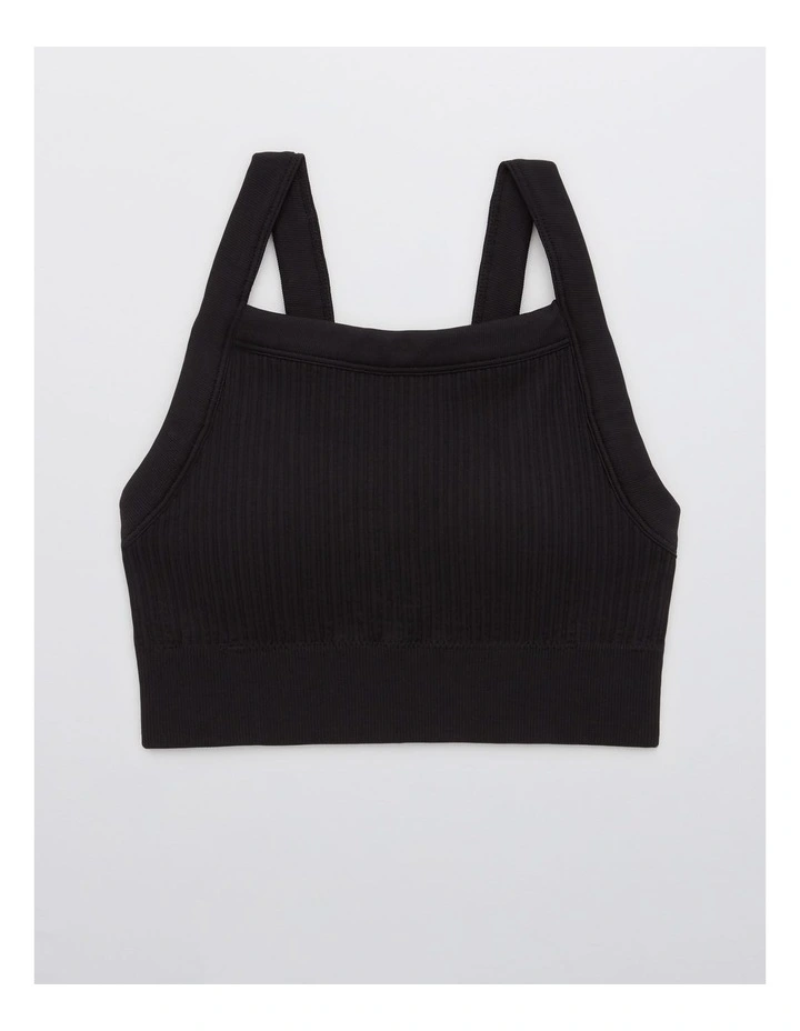 Ribbed Seamless High Neck Longline Bralette in True Black
