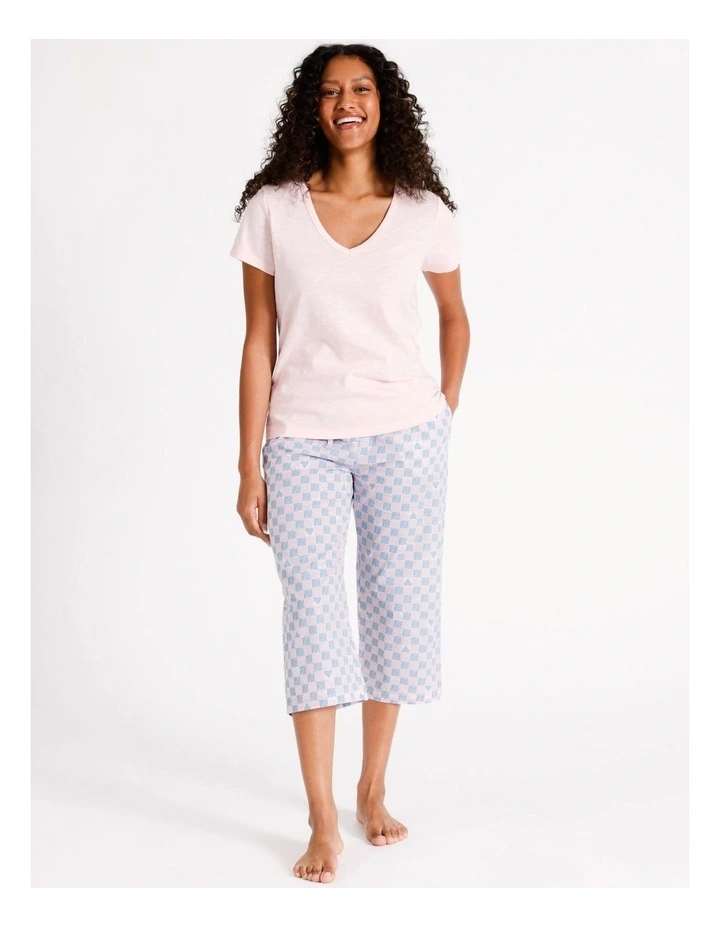 Cotton Knit V-Neck 3/4 PJ Set in Check Scribble