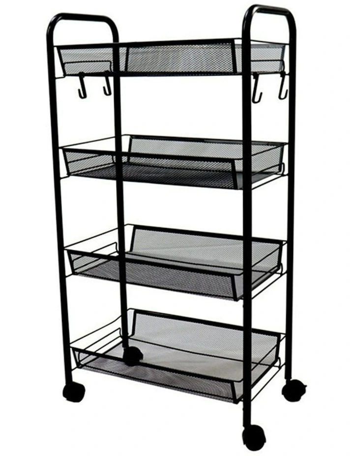 4 Tier Steel Bee Mesh Kitchen Storage Organizer with Wheels in Black