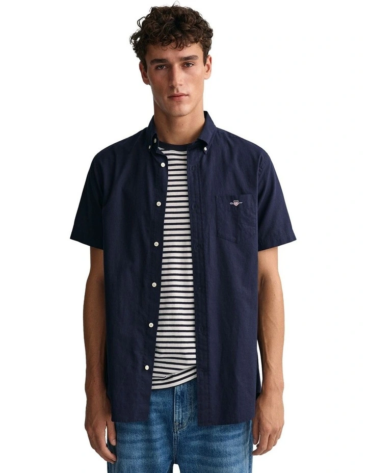 Regular Fit Cotton Linen Short Sleeve Shirt in Evening Blue