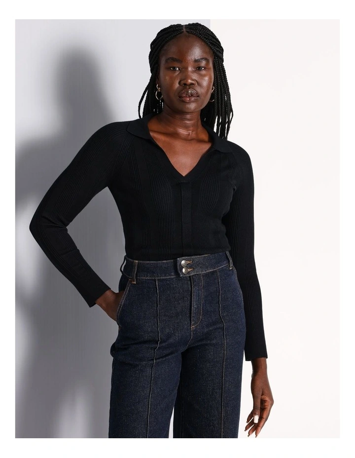 Rib Polo Knit in Black