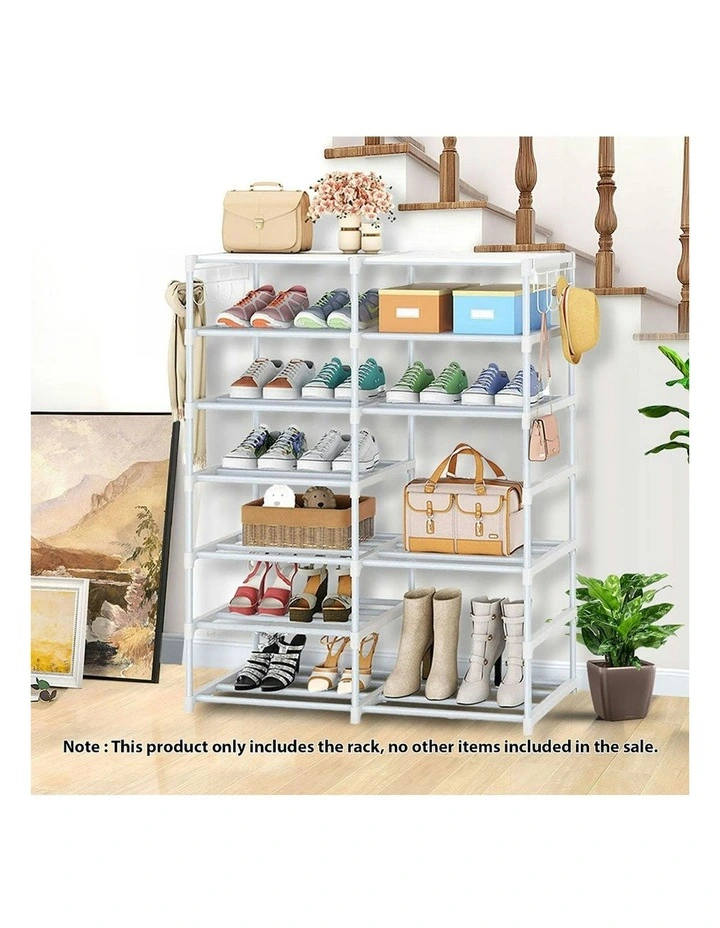Shoe Storage Tier with Side Hooks in White