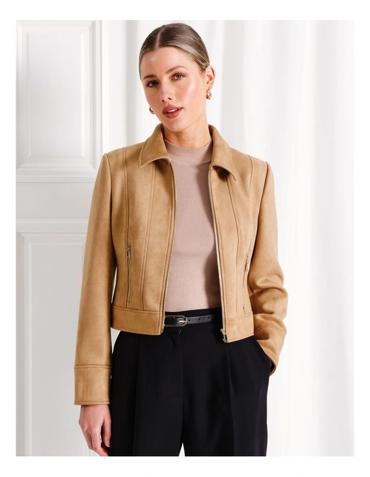 Suedette Trucker Jacket in Camel