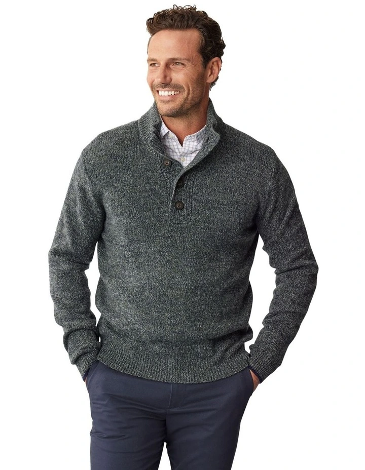 Wool Blend Button Neck Knit Sweater in Khaki