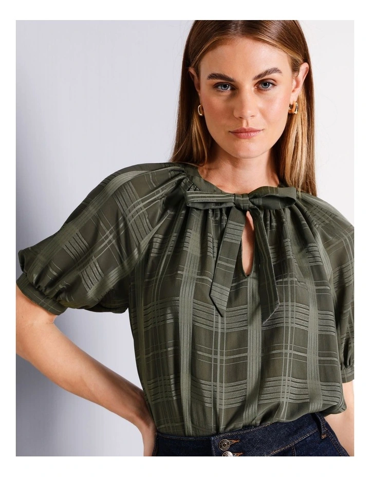 Recycled Polyester Tie Neck Blouse in Khaki