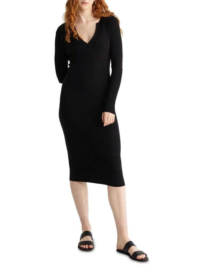 Rib Open Neck Dress in Black