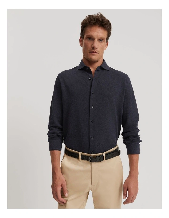 Tailored Fit Pique Shirt in Navy Melange