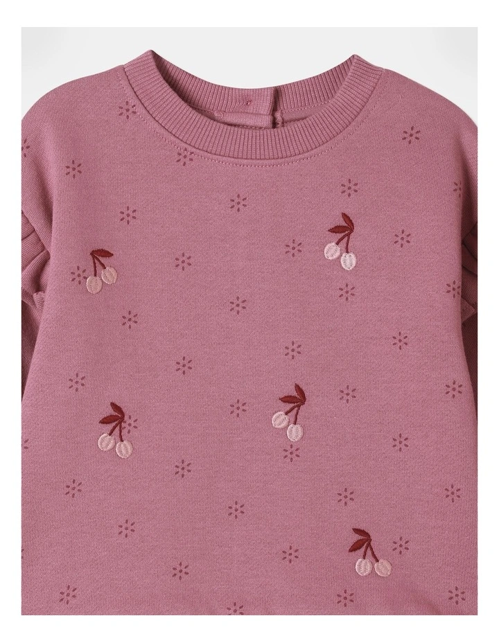 Embroidered Sweat Top With Frill Shoulders in Plum
