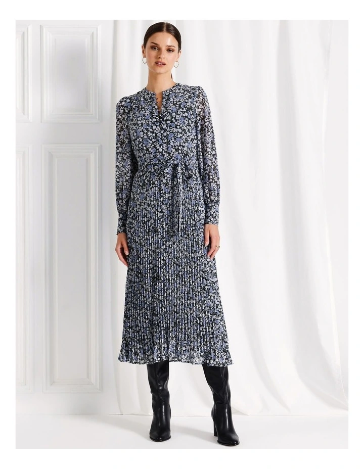 Recycled Long Sleeve Pleated Midi Dress in Blue