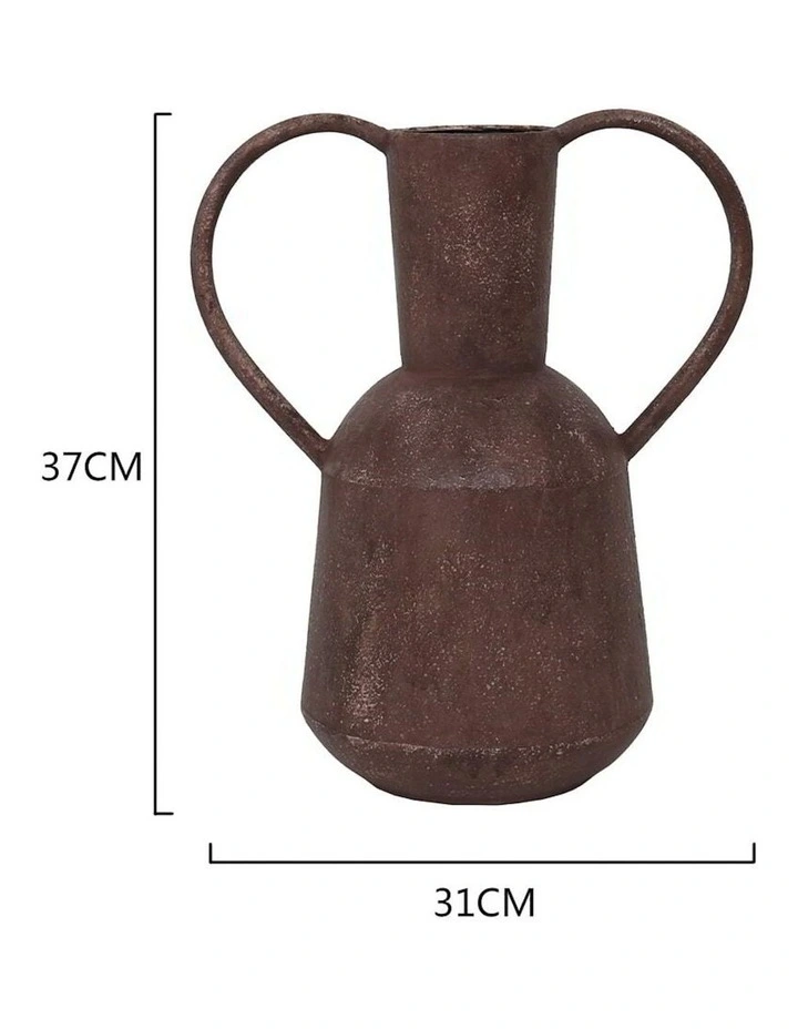 Decorative Metal Aged Vase Pot With 'Heart' Handles 37cm in Brown