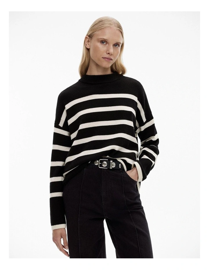 Stripe Wool Crew Knit in Black