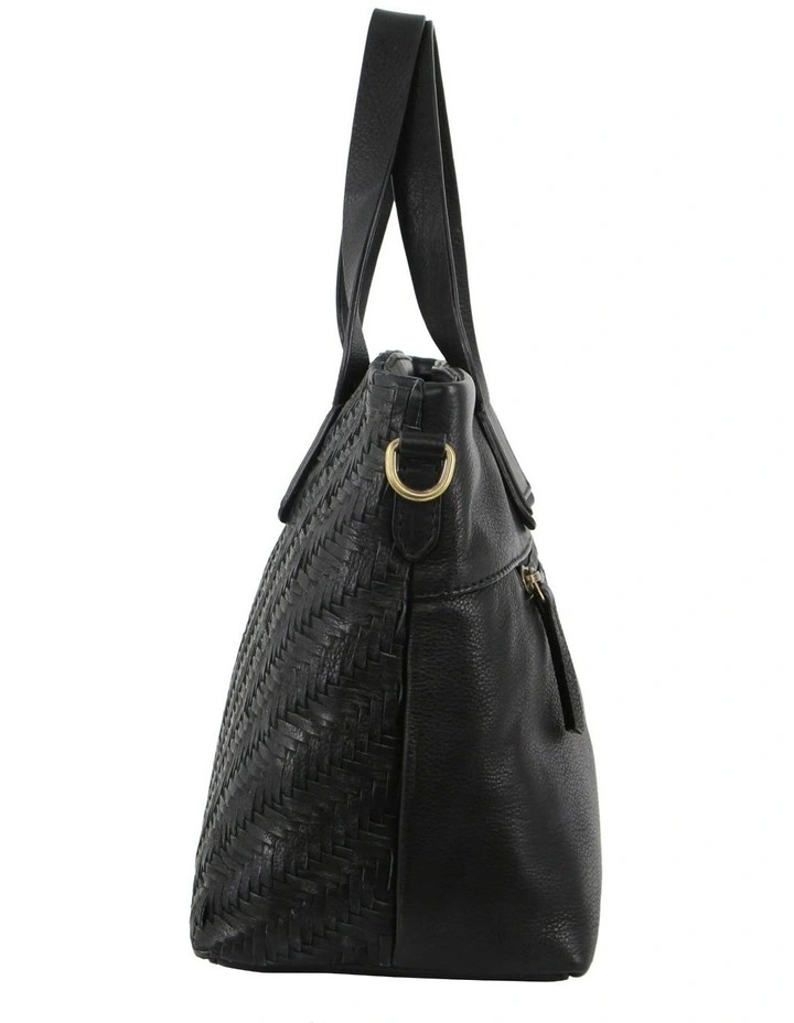 Woven Embossed Leather Tote Bag in Black