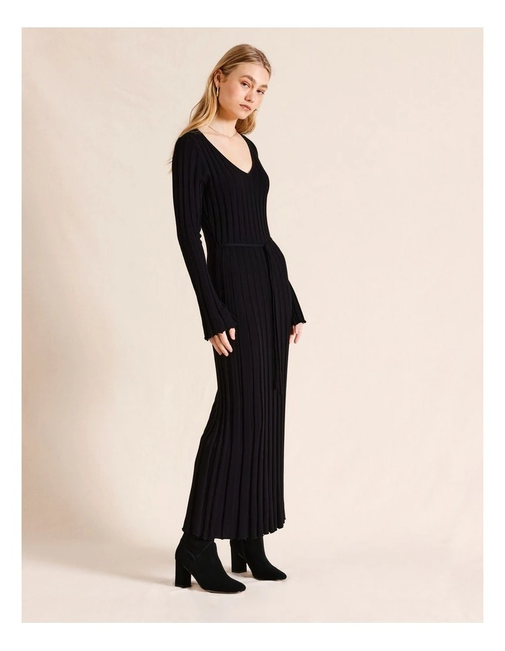 Long Rib V-Neck Dress in Black