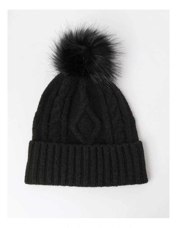 Cable Beanie With Pom in Black