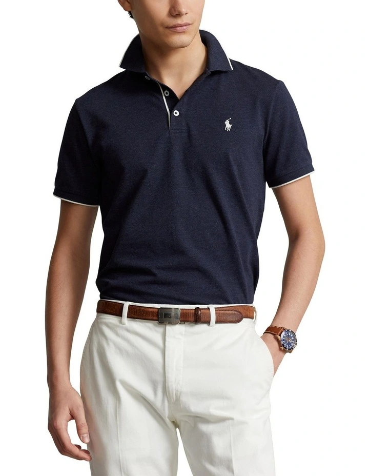 Custom Slim Fit Textured Mesh Polo Shirt in Navy