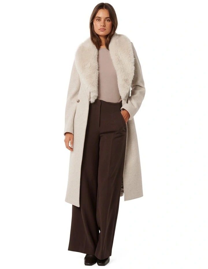 Monica Fur Collar Wrap Coat in Beige