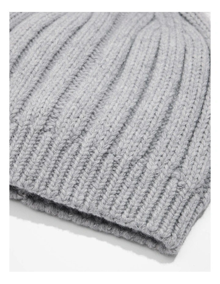 Organically Grown Cotton Blend Pom Pom Rib Beanie in Grey Marle