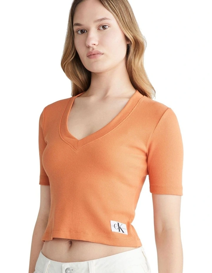 Woven Label Rib V-Neck Tee in Burnt Clay